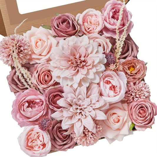 Pink Rose Dahlia Faux Flowers Box - Realistic PE Foam Artificial Flowers with Wire Stems for Wedding Bridal Bouquet Home Decor Table Arrangement Party Cake Baby Shower Birthday Decoration