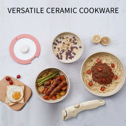 Nonstick Cookware Set 5-Piece Detachable Handle Aluminum Pots and Pans – Space-Saving Stackable Induction Compatible | 8 & 10 Inch Frying Pan Soup Pot Universal Lid | White Pink Beige Coral Pink