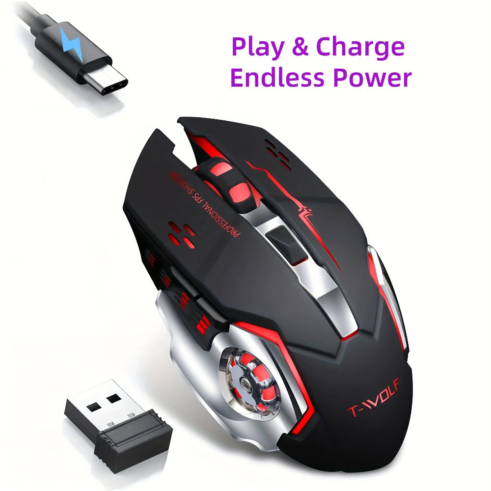 Wireless Gaming Mouse RGB Rechargeable T-WOLF 2.4GHz Ergonomic Large Mouse for PC Laptop Tablet Mac Chromebook Adjustable DPI Quiet Click Work Gaming Study Back to School Gift