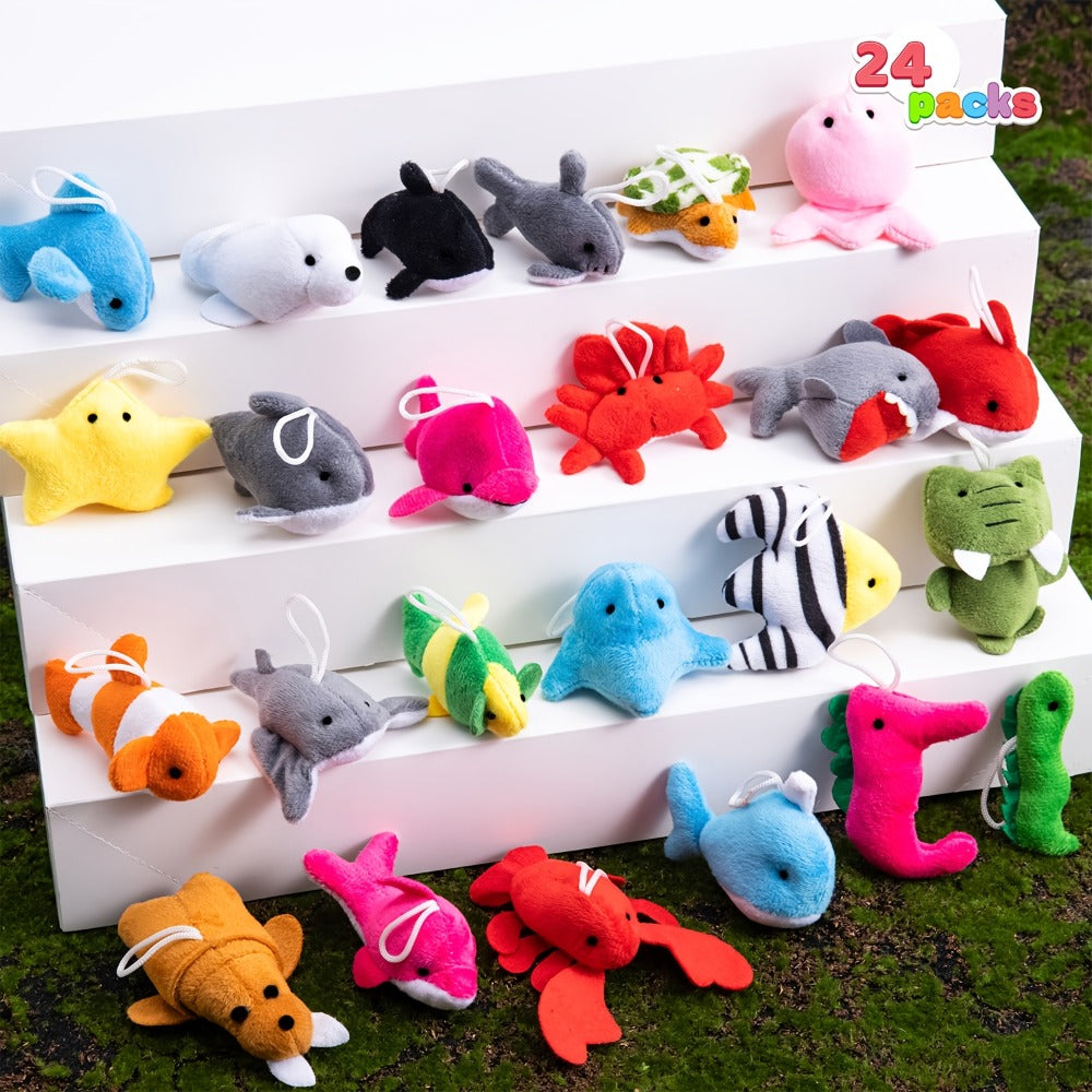 Twenty-Four Mini Sea-Animal Plush Keychains in Assorted Fish, Shark, Whale and Crab Designs