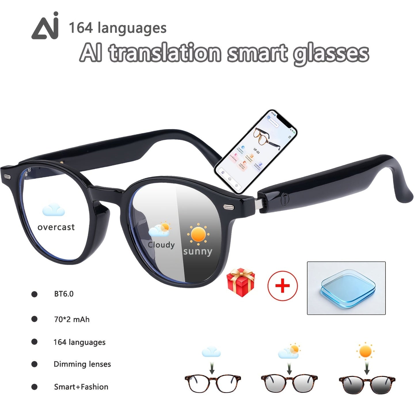 Smart Glasses 160-Language Translation Eyewear with Open-Ear Audio and 19 Photochromic Frame Options