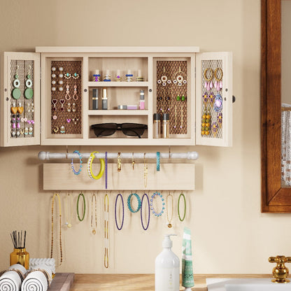 Wall-Mounted Wood Jewelry Organizer – Rustic Hanging Display Shelf with Removable Bracelet Rod & Hooks for Necklaces, Rings & Bracelets, Space-Saving Dressing Room Decor