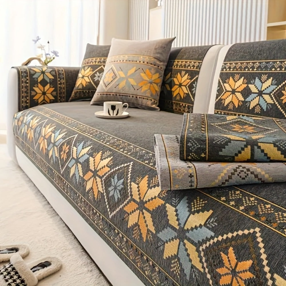 Sofa Cover, Chenille Bohemian-Style Couch Pad in Three Colors with Armrest and One-to-Four-Seat Sizes