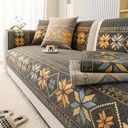 Sofa Cover, Chenille Bohemian-Style Couch Pad in Three Colors with Armrest and One-to-Four-Seat Sizes