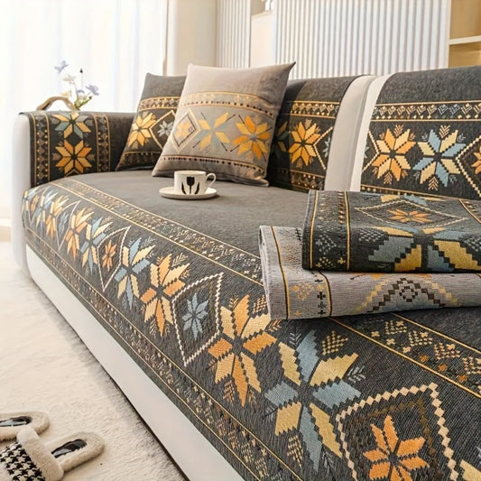 Sofa Cover, Chenille Bohemian-Style Couch Pad in Three Colors with Armrest and One-to-Four-Seat Sizes