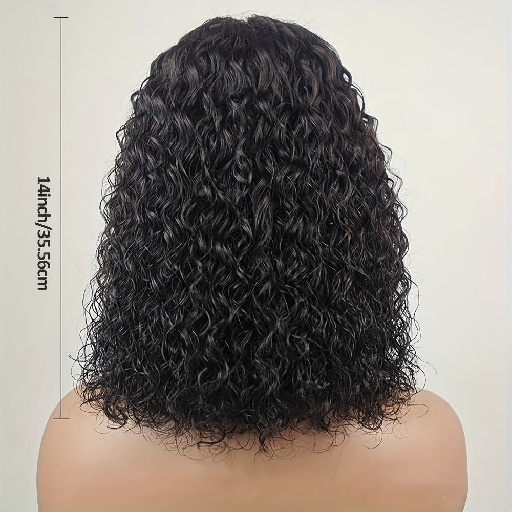 Short Water-Wave Synthetic Lace-Front Bob Wig with Deep Curls, Black Color and 14-Inch Length