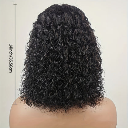 Short Water-Wave Synthetic Lace-Front Bob Wig with Deep Curls, Black Color and 14-Inch Length