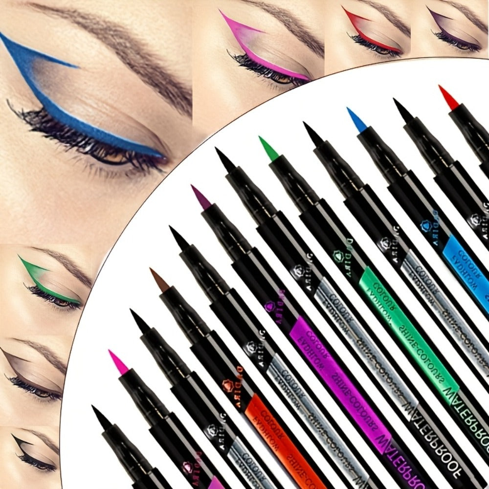 Fine-Tip Liquid Eyeliner Pen Set with Twelve Black and Bright Color Pens for Graphic Eye Looks