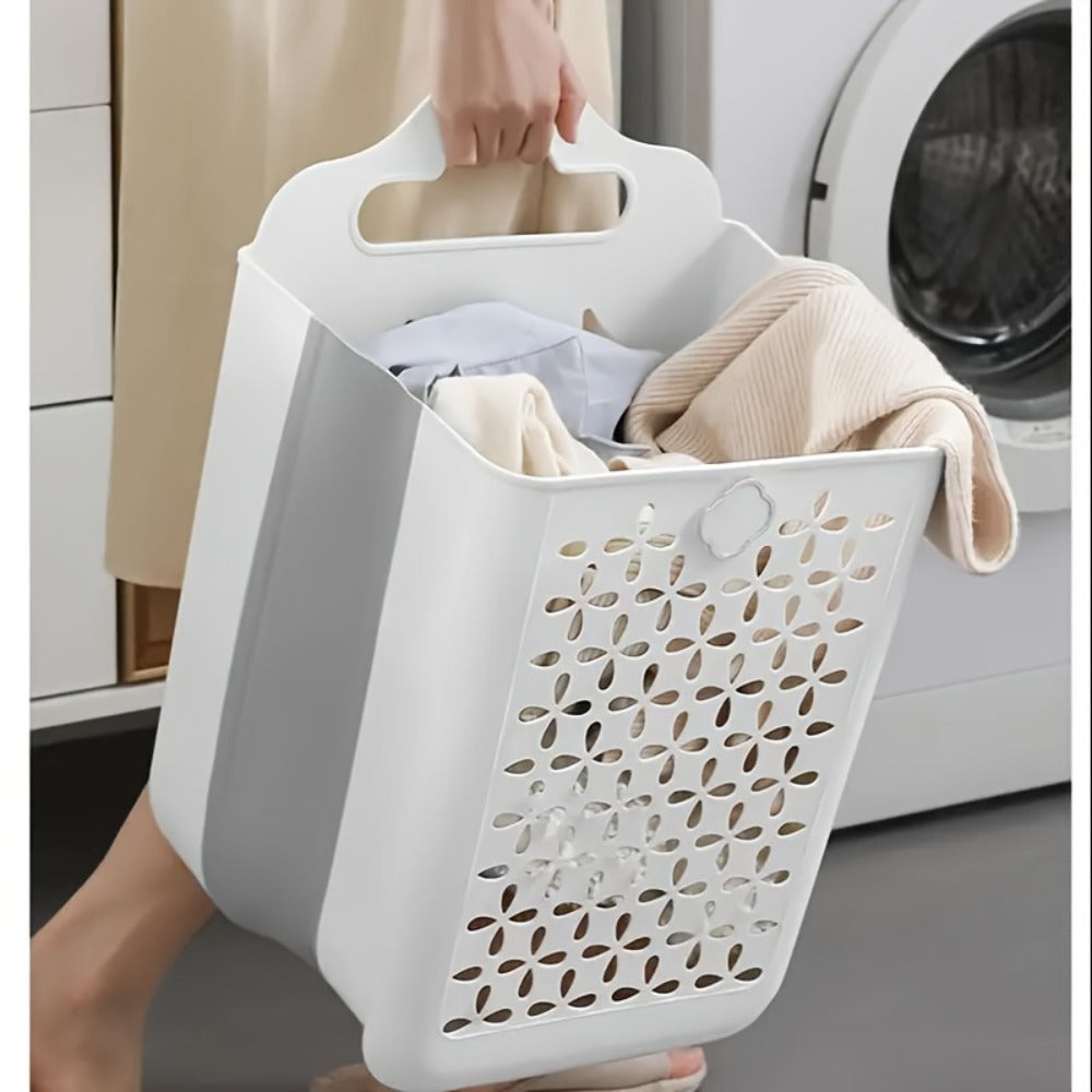 Foldable Laundry Basket Wall Mounted – No-Drill Plastic Storage Bin with Cutout Design for Clothes, Toys, Snacks & Fruits – Space-Saving Collapsible Organizer for Bathroom, Balcony & Bedroom