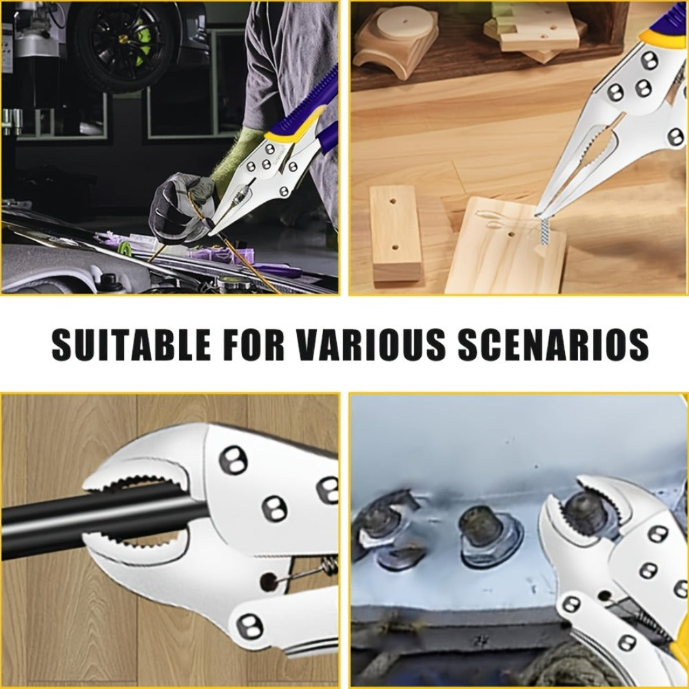 Locking Pliers Set 6pcs Heavy Duty, Includes Needle Nose Pliers 6.5" & 9.5", Curved Jaw Locking Pliers 5" 7" 10", C-Clamp L-Type Pliers with Roll Bag & Ergonomic Metal Handles for Auto, DIY & Workshop