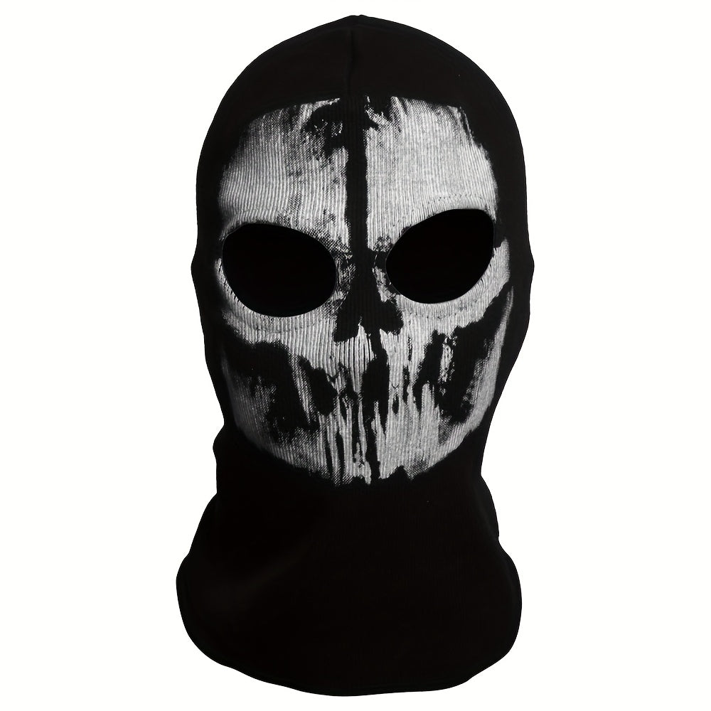 Printed Skull Balaclava Mask in Two Black Designs, Full-Face Stretch Fabric for Adult Costume Wear