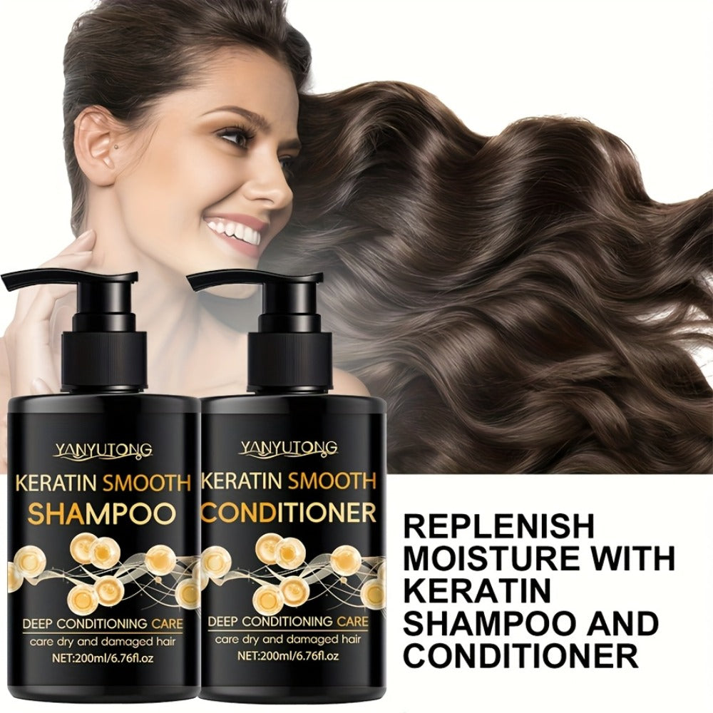 Keratin Shampoo and Conditioner Set Repairs Breakage Split Ends Moisturizes Scalp for Color-Treated Heat Damaged Dry Frizzy Hair All Hair Types Women Men 200ml Each