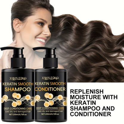 Keratin Shampoo and Conditioner Set Repairs Breakage Split Ends Moisturizes Scalp for Color-Treated Heat Damaged Dry Frizzy Hair All Hair Types Women Men 200ml Each