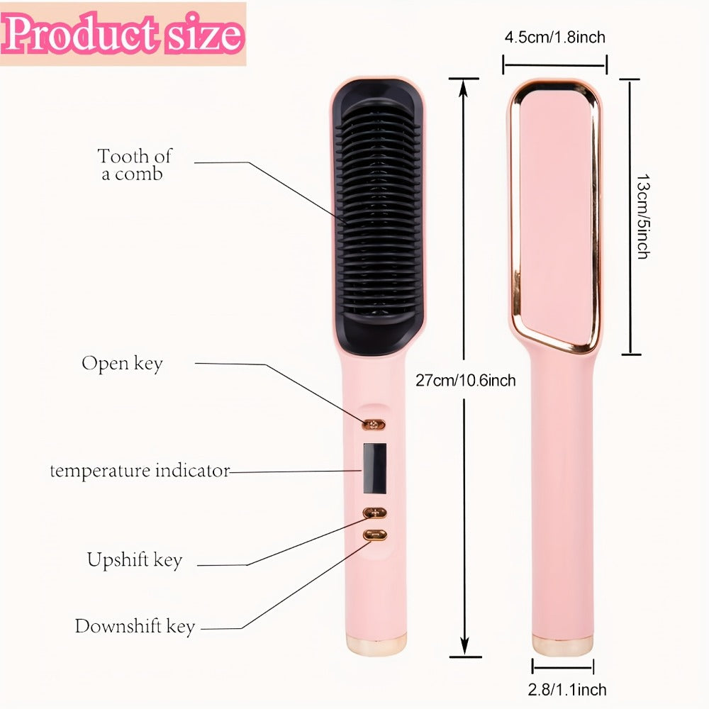 Four-Color Electric Hair Straightener Brush with Digital Display, Temperature Buttons and 10.6-Inch Body