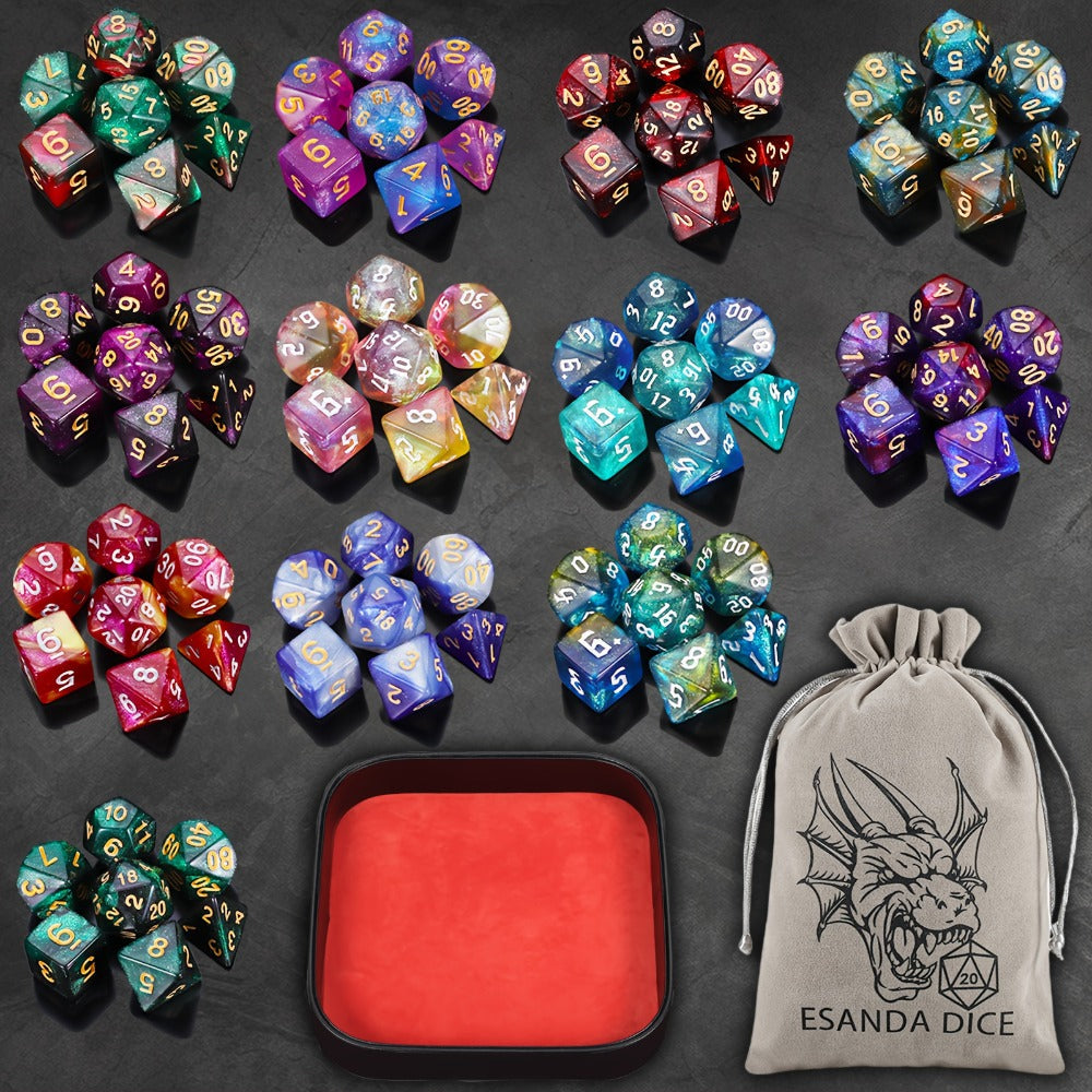 standard tabletop Polyhedral Dice Set 84pcs – Starry Night Glitter Dice with Pouch & Tray for standard tabletop RPG standard tabletop