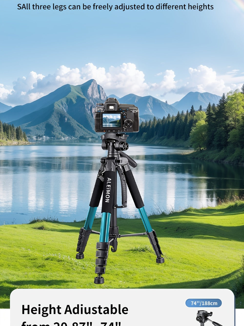 Camera Tripod 74 Inch Aluminum Alloy Heavy Duty with Dual Quick Release Plate, Phone Clip & Carrying Bag – Professional Stand for DSLR, Mirrorless, Webcam, Projector & Spotting Scope