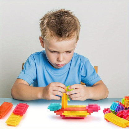 Building Block Set Bristle Construction Pieces, 150-Piece Colorful Interlocking Shapes with Storage Tub