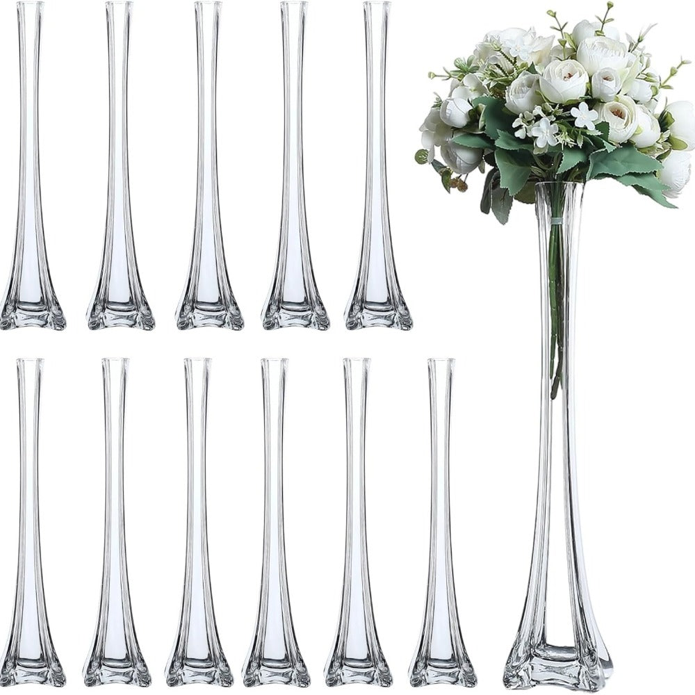 Eiffel Tower Vase Pack of 12 – Tall Glass Flower Vases for Wedding Centerpiece, Event Table Decor, Floral Arrangements & Party Decoration, Clear Black White, 12" 16" 20" 24" Sizes