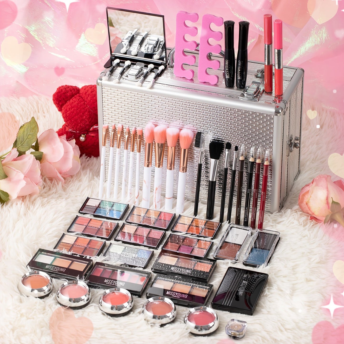 Professional Makeup Kit with Aluminum Travel Case & Mirror – Full Set Eyeshadow Blush Lipstick Foundation Eyeliner Mascara & Brushes, Gift for Women Girls Beginners, Silver & Red