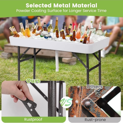 Ice Table Folding 4 ft Portable Cooler Table with Drain & Removable Skirt, Fill and Chill Party Beverage Station for BBQ, Camping & Outdoor Events