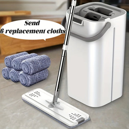 Flat Mop and Bucket Set with 6 Replacement Cloths, 49-Inch Handle and Separate Wash-Dry Chambers