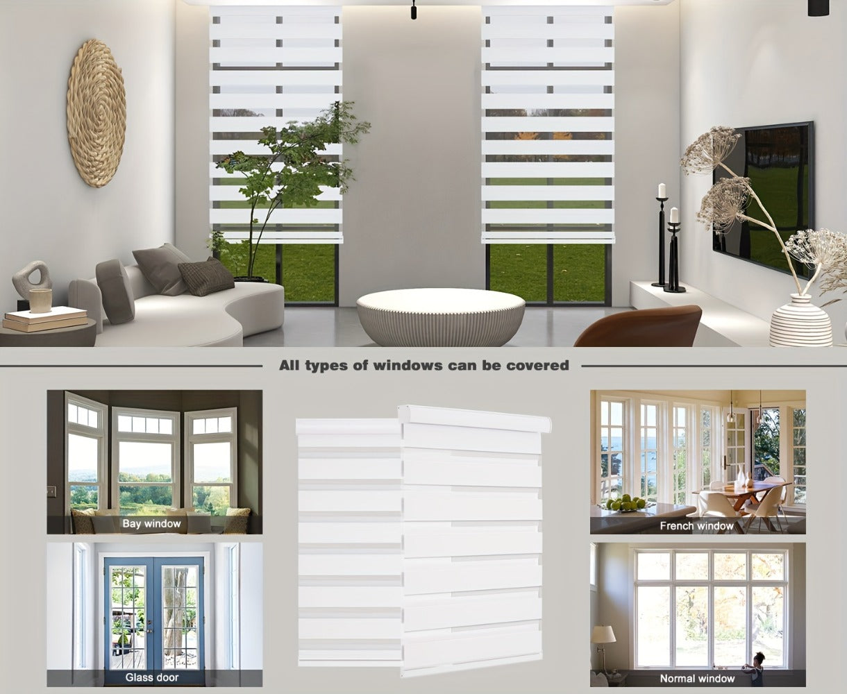 Cordless Zebra Roller Shade with Valance – Day Night Window Blind, Light Filtering Dual Layer Window Treatment Mesh Opaque Fabric