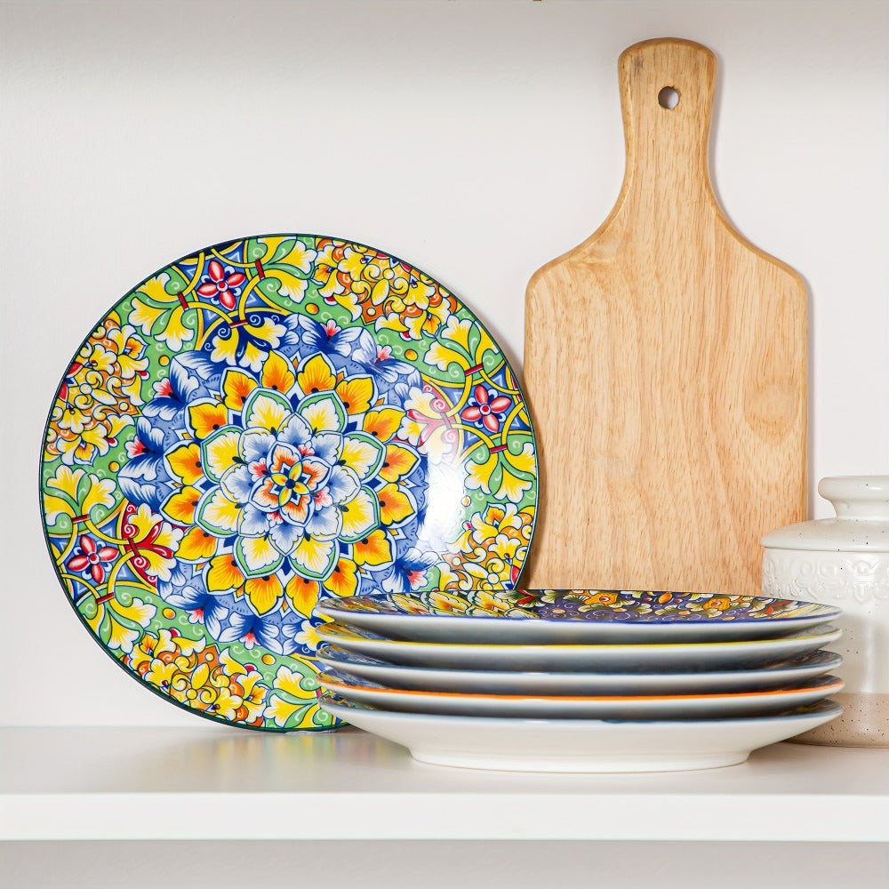 Bohemian Ceramic Dessert Plate Set of 6 - 8.5 Inch Colorful Abstract Pattern Dinnerware, Glazed Porcelain Plates