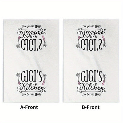 Two-Pack Gigi's Kitchen Towels, 23.6 x 15.7 Inches Each with White Utensil Print and 370GSM Label