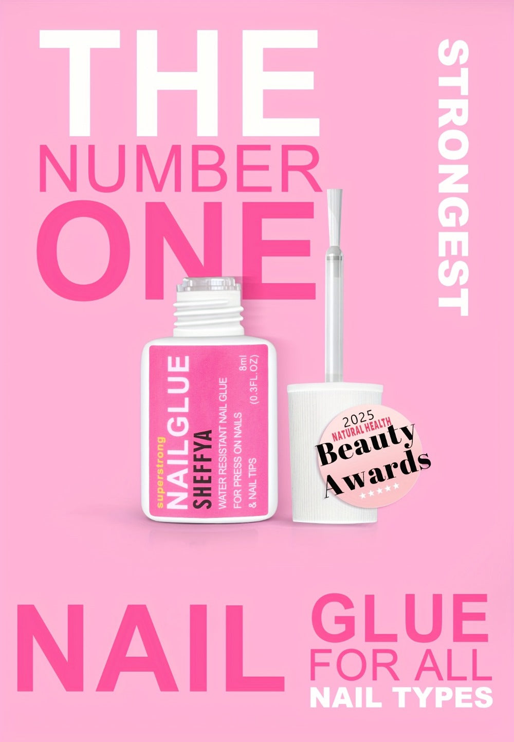 Nail Glue Set, 8ml Brush-On Bottles in 2-, 5- or 10-Piece Options with SHEFFYA Package and EMNAGLUE Bottle Markings