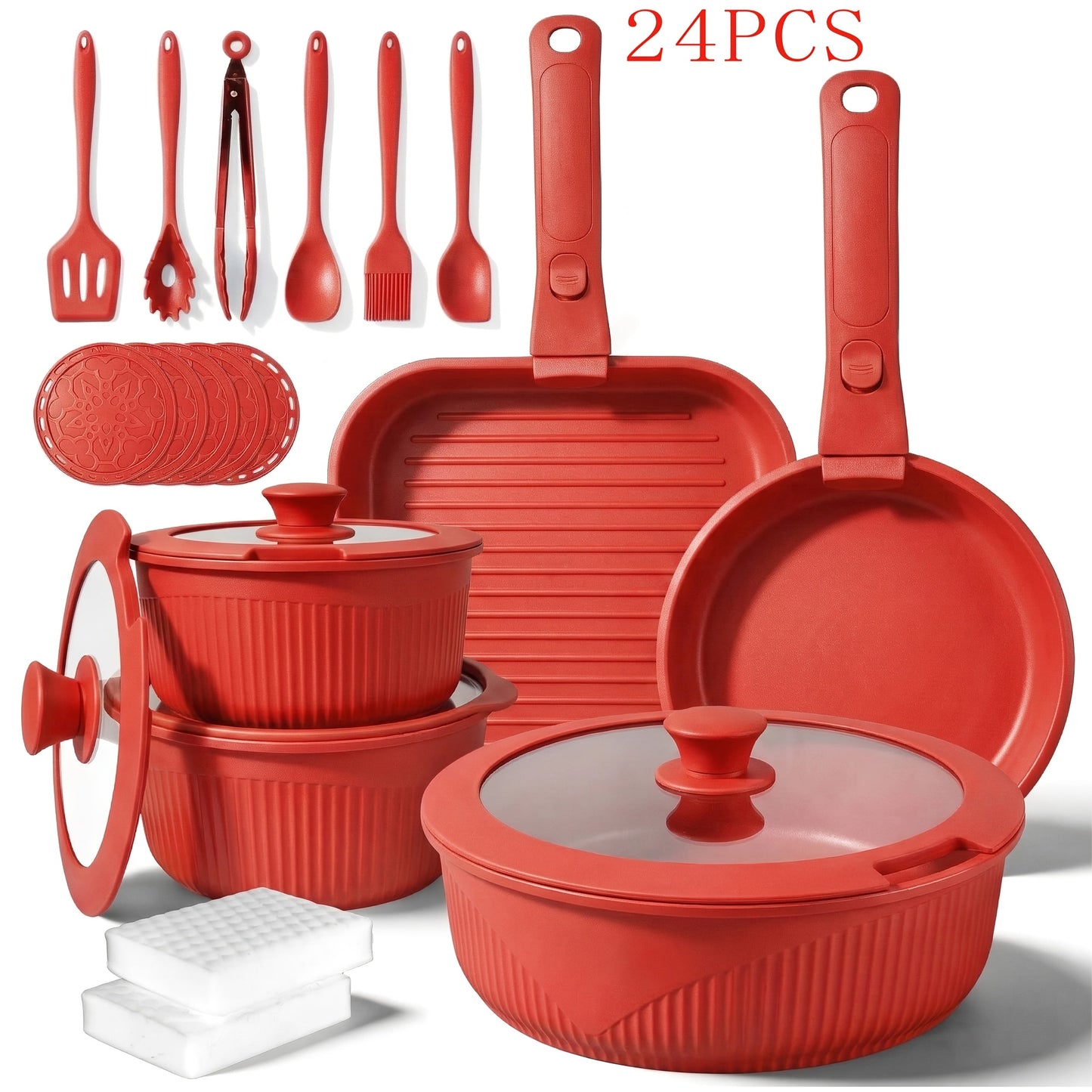 Detachable-Handle Cookware Set in 5-, 7- or 24-Piece Configurations with Stackable Pots, Pans and Lids