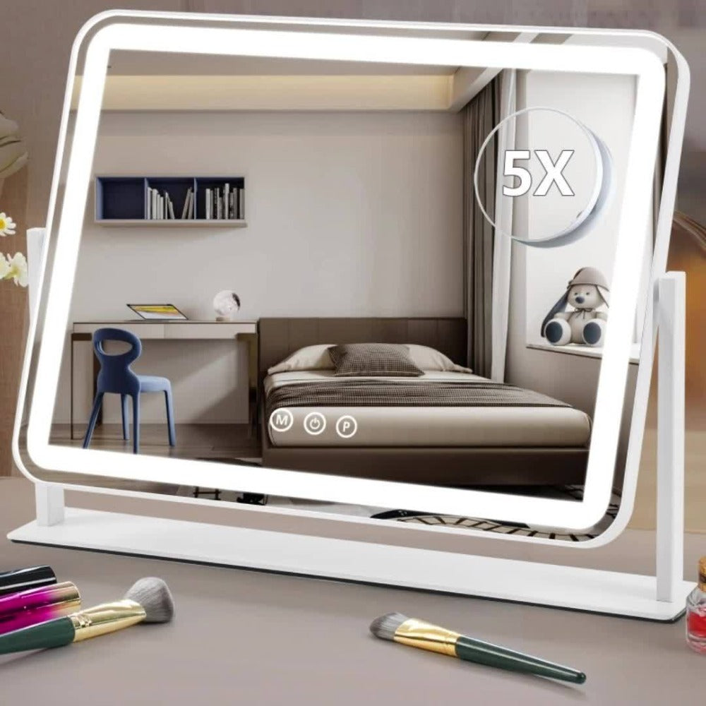 Makeup Mirror Rectangular LED Vanity Stand with 5X Detail Mirror, Three Light Colors, Touch Dimming and 360° Rotation