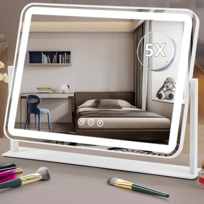 Makeup Mirror Rectangular LED Vanity Stand with 5X Detail Mirror, Three Light Colors, Touch Dimming and 360° Rotation