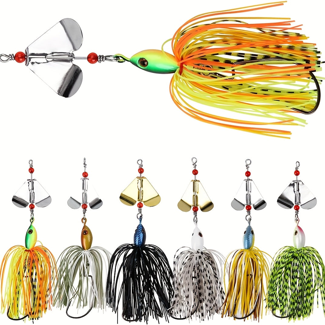 Fishing Lure Set 6-Piece Spinnerbait Buzzbaits, 3/4oz with Rotating Blades, Silicone Skirts and Single Worm Hooks