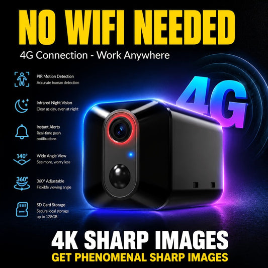 4G LTE Security Camera 4K Wireless No WiFi Needed – Infrared Night Vision, Rechargeable Battery, PIR Human Detection, Two-Way Audio, No Power Plug Required, Works Anywhere with Cell Signal