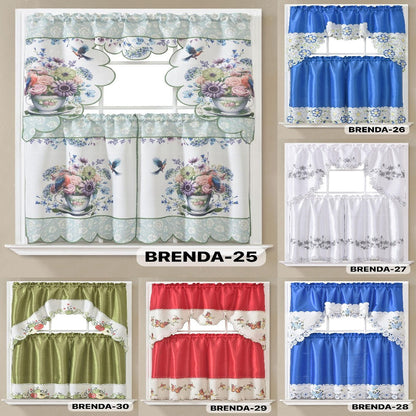 Three-Piece Patterned Kitchen Curtain Set with One Valance, Two Tiers and Forty-Six Exact Design Options