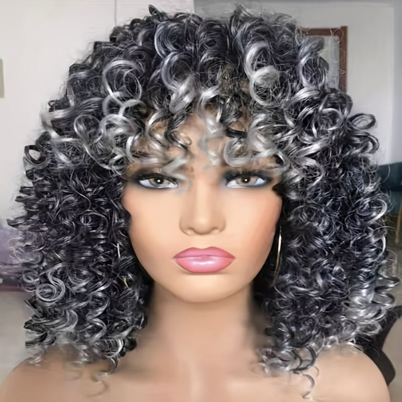 Synthetic Wig 14-Inch Kinky Curly Afro with Bangs in Black, Granny Gray or Dark Brown for Daily Styling