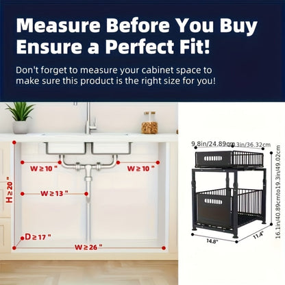 Under Sink Organizer 2-Tier Slide Out – Heavy Duty Metal Cabinet Shelf, Adjustable Space-Saving Storage Rack for Kitchen & Bathroom Cabinets, Pull Out Drawer Organizer