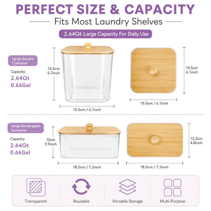 Laundry Pods Container & Dryer Sheet Holder Set with Bamboo Lids, Clear Laundry Room Organization Containers for Scent Booster, Powder, Pods – 3+1 Pack