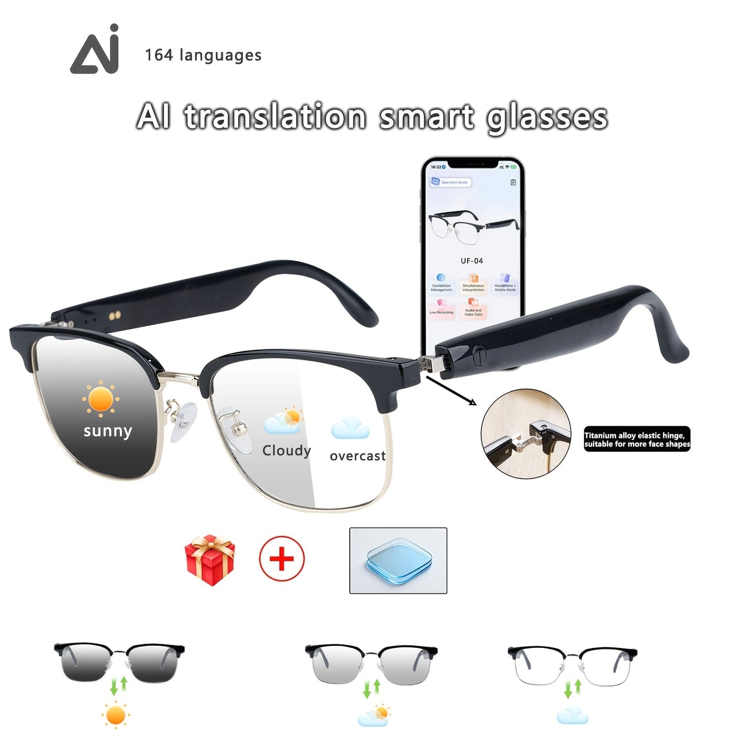 Smart Glasses 160-Language Translation Eyewear with Open-Ear Audio and 19 Photochromic Frame Options