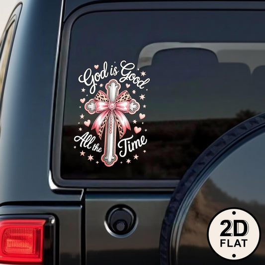 Bumper Sticker God Is Good All The Time Christian Cross Pink Bow Vinyl Decal | Car Window Sticker Faith Inspirational Automotive Decal 5.12 inch Funny Christian Gift for Women Girls