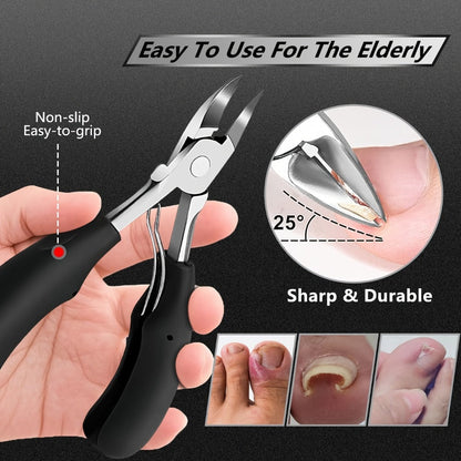 Wide-Jaw Nail Clipper Set, Six-Piece Black-Handle Kit with Curved, Slanted and Narrow Tools, Lifter, File and Storage Pouch