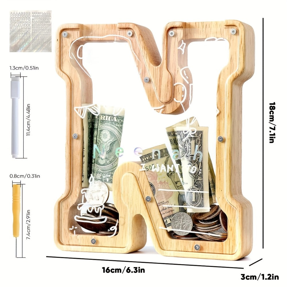 Alphabet Wooden Money Bank with Clear Front Panel, Coin Slot and A-to-Z Letter Options for Adults