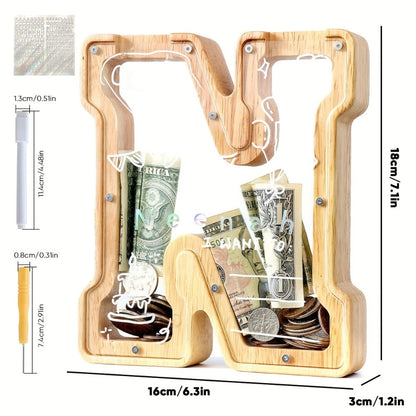 Alphabet Wooden Money Bank with Clear Front Panel, Coin Slot and A-to-Z Letter Options for Adults