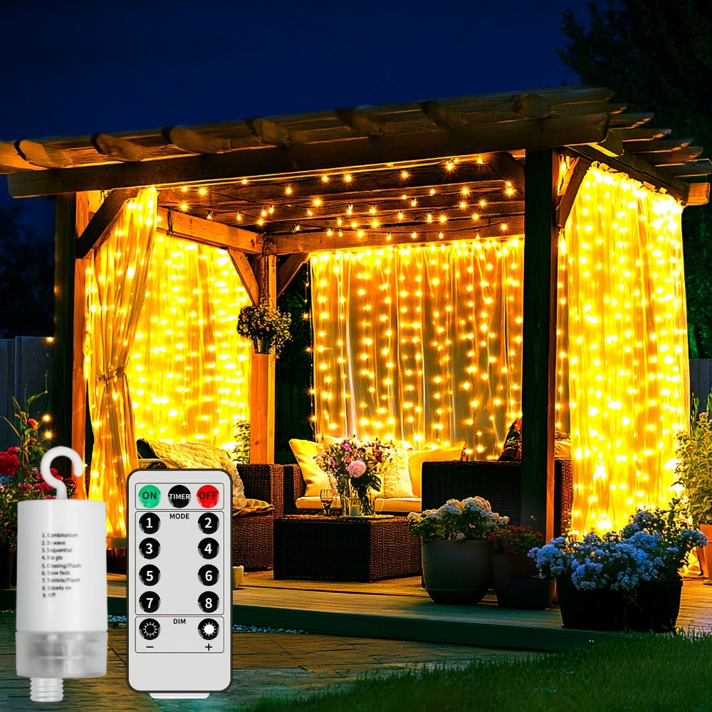 String Lights, 330-LED Waterfall Curtain Panel with Battery Power, Remote, Eight Modes and Three Colors