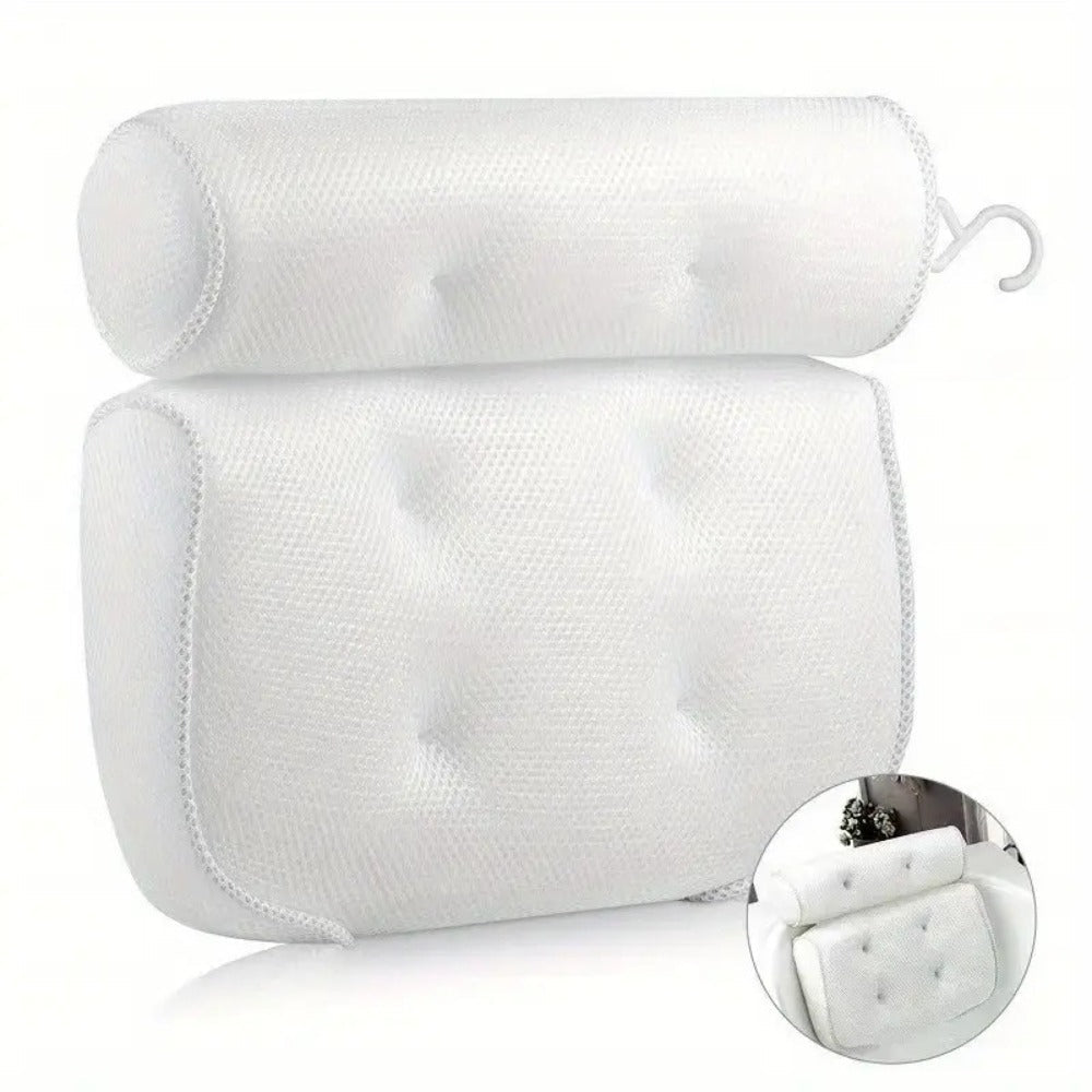 Two-Piece Bathtub Neck and Back Cushion with Six Suction Cups, Hanging Hook and White Mesh Cover