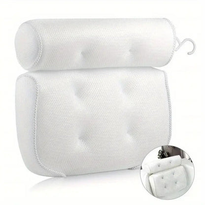 Two-Piece Bathtub Neck and Back Cushion with Six Suction Cups, Hanging Hook and White Mesh Cover
