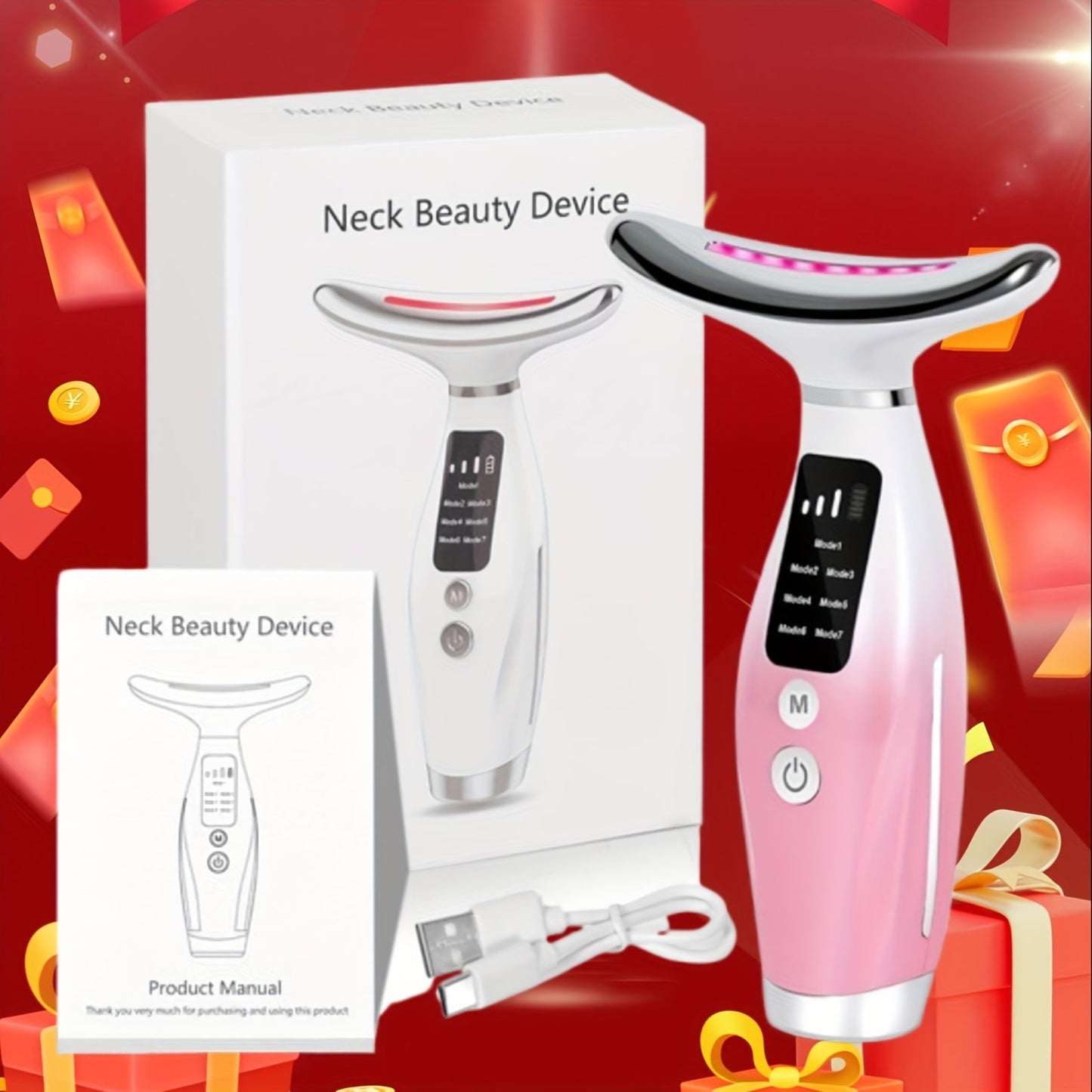 Face Neck Massager Rechargeable Beauty Device - 7 Massage Modes Electric Facial Lifting Tool for Women - Anti-Aging Skin Tightening Neck Firming Massager Gift for Mom