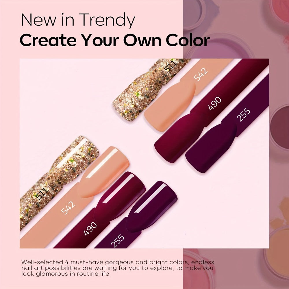 Dip Powder Nail Kit with NOCIS Label, Four Brown Nude Burgundy Glitter Powders, Three 10ml Liquids and Tools