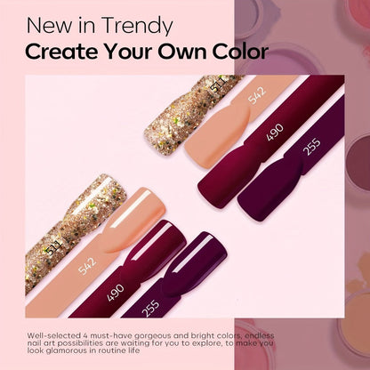 Dip Powder Nail Kit with NOCIS Label, Four Brown Nude Burgundy Glitter Powders, Three 10ml Liquids and Tools