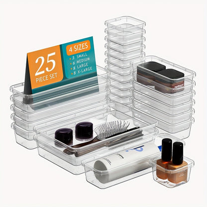 Drawer Storage Organizer Set 25-Piece Transparent PET Boxes for Vanity, Desk and Dresser Use